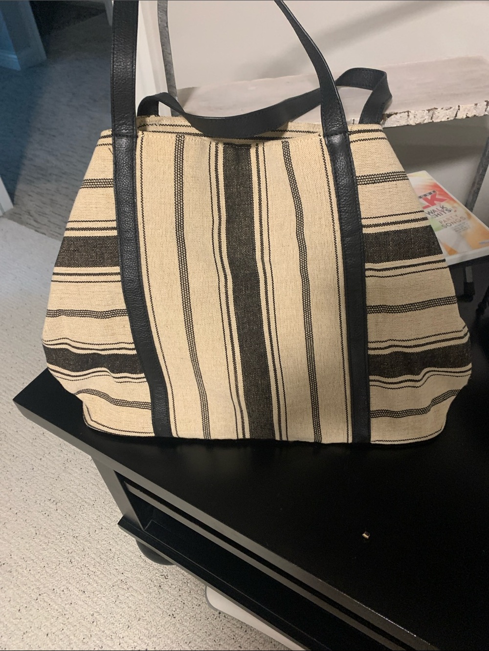 J. Jill Cream and Black Striped Canvas Tote